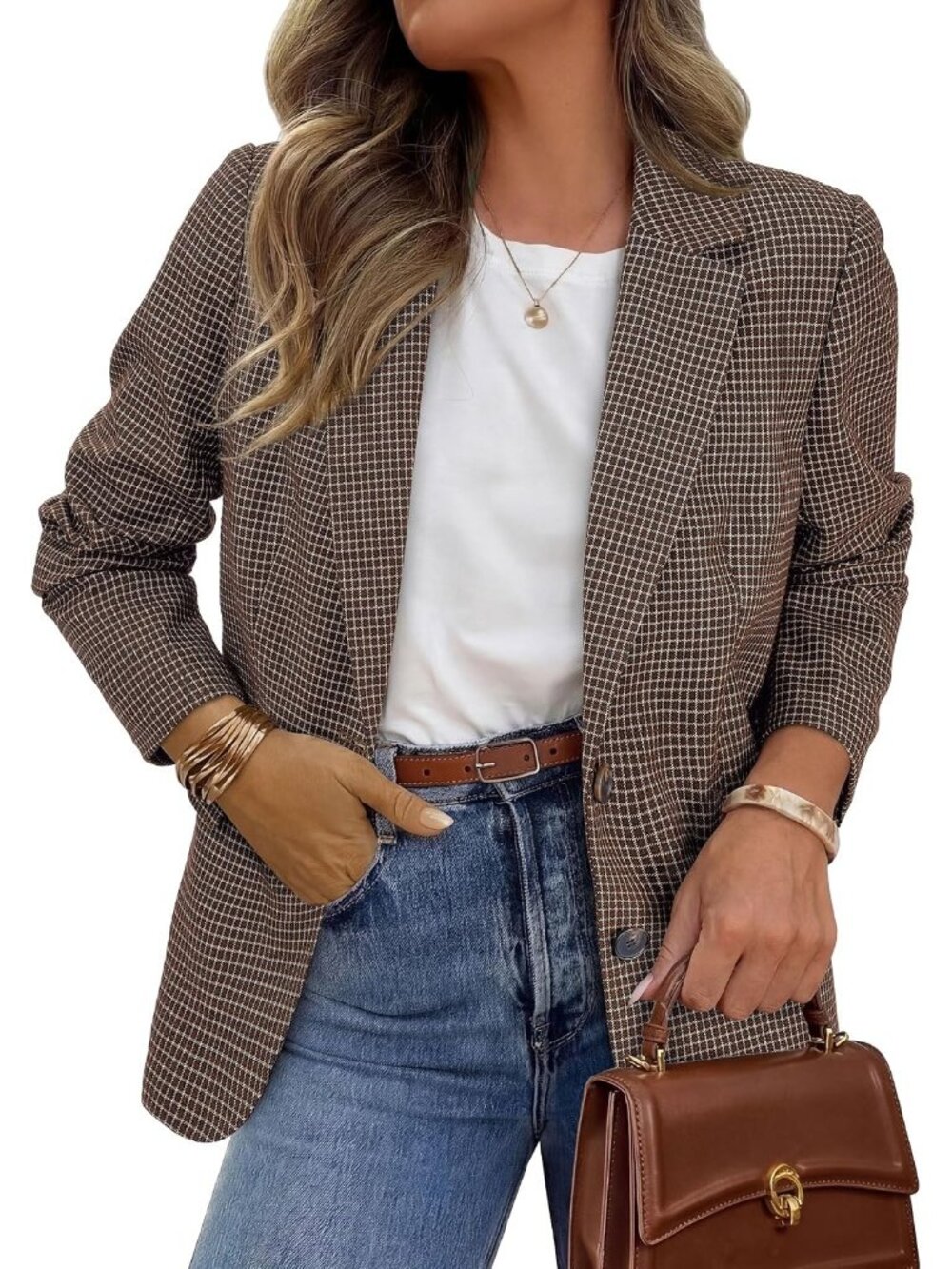 Women's Plaid Brown Long Sleeve Notch Lapel Pockets Oversized Blazer Suit Jacket